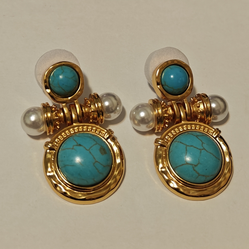 Elegant Turquoise & Pearls Etruscan Revival Yellow Gold Plated Earrings